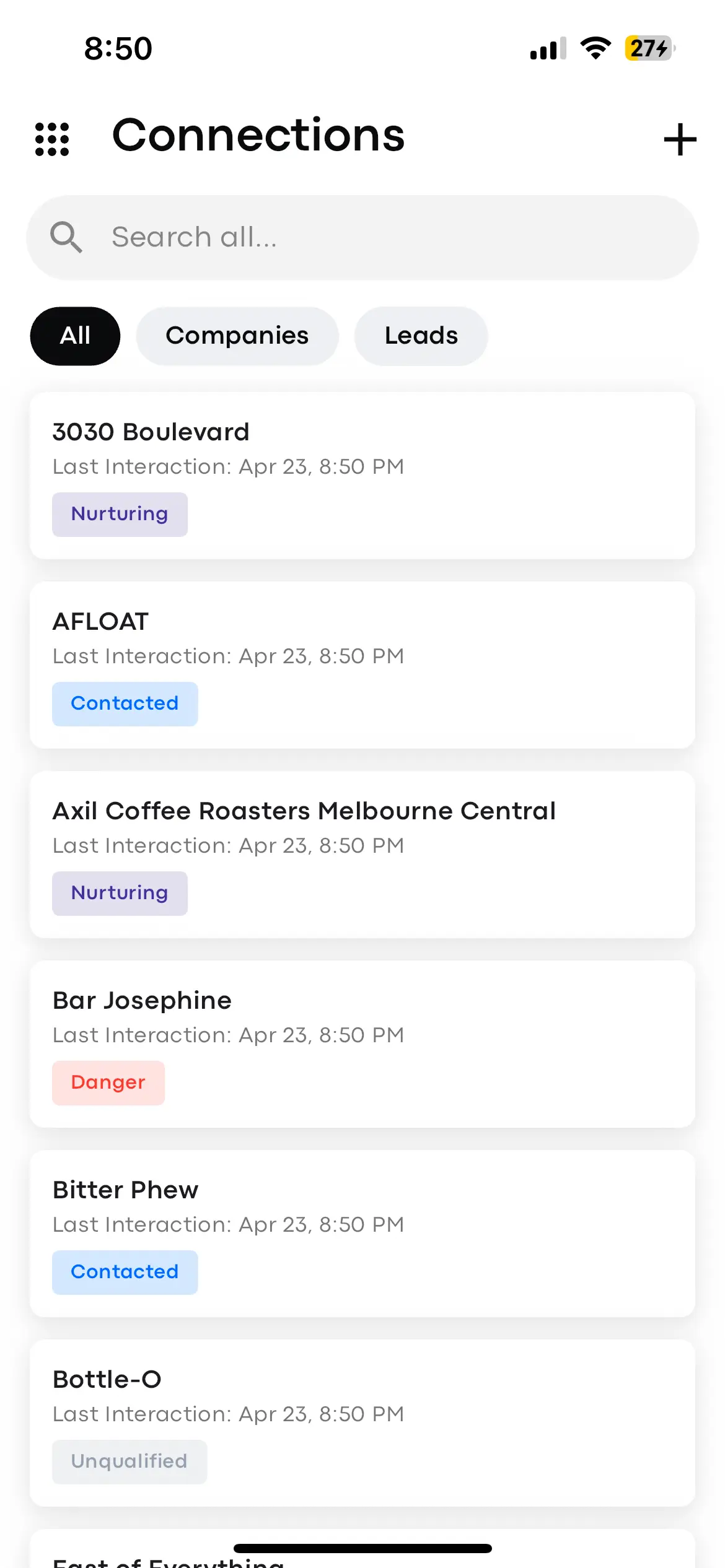 Leady AI connections dashboard showing smart relationship management